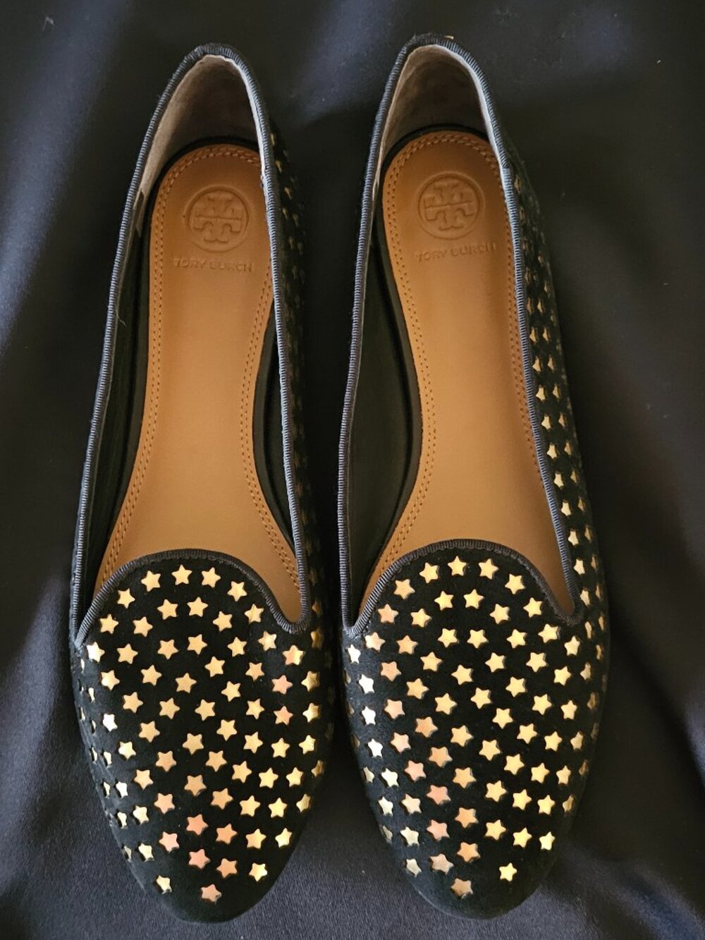 Tory Burch Olympia Star Loafers • Black Suede • Gold Stars • Size 9.5
